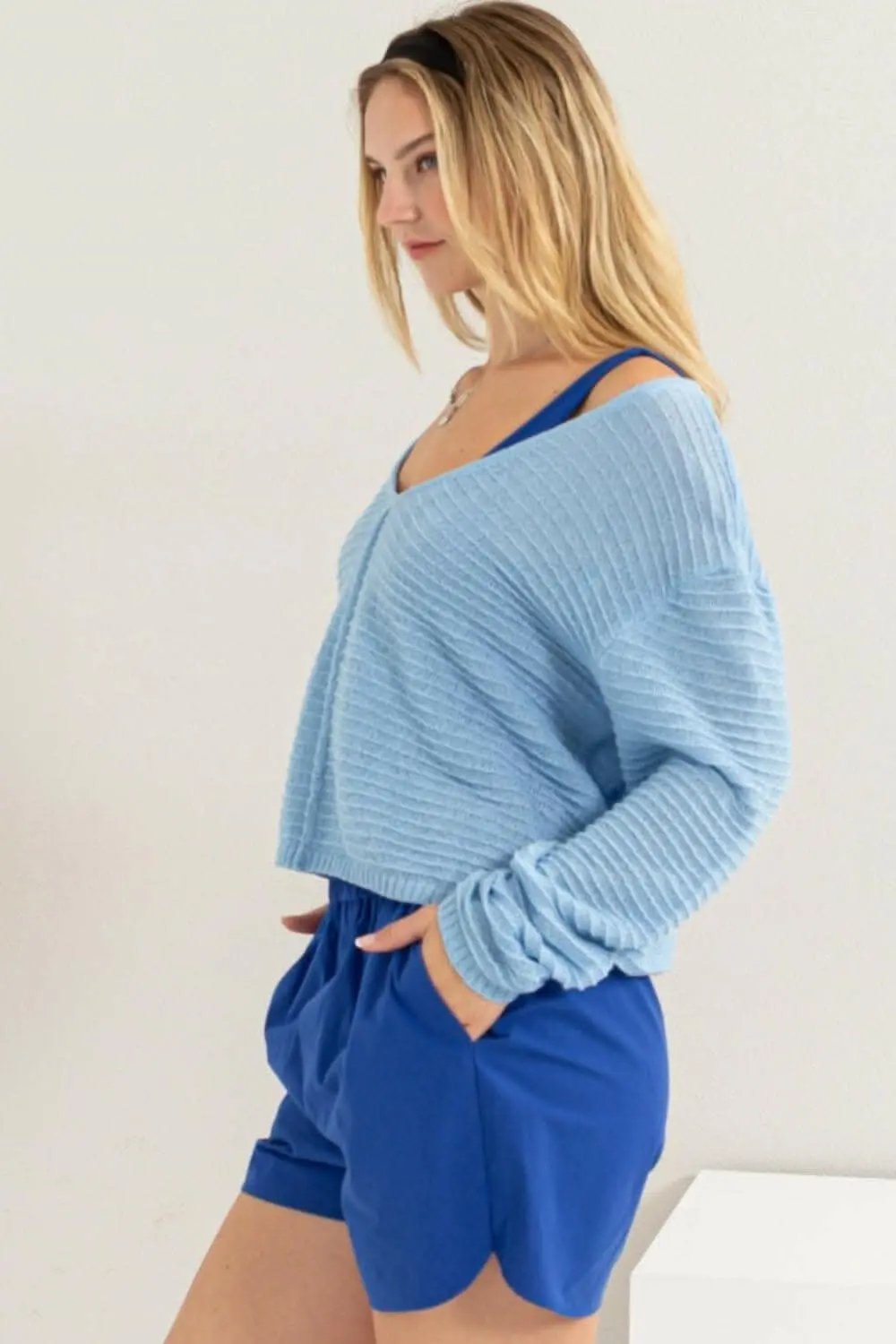 HYFVE V-Neck Stripe Texture Long Sleeve Top - Love Salve